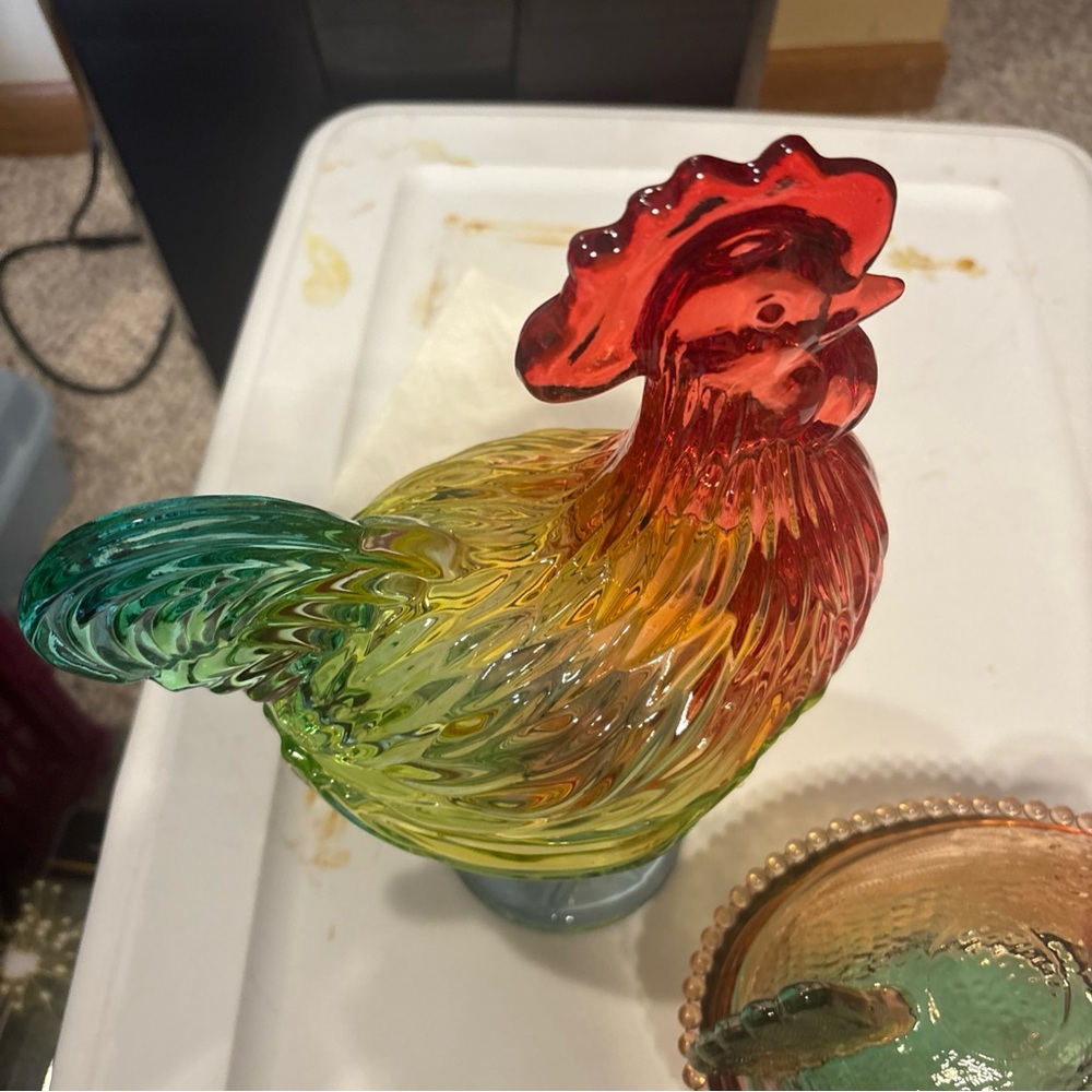 Glass Rooster 11 in Figurine & chicken 7 in on a beaded nest red / green storage - Picture 4 of 11
